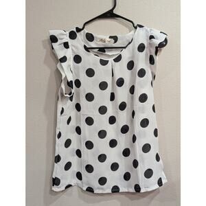 Ladies white short/cap sleeve shell/top w/black large polka dot by Meiying, XL
